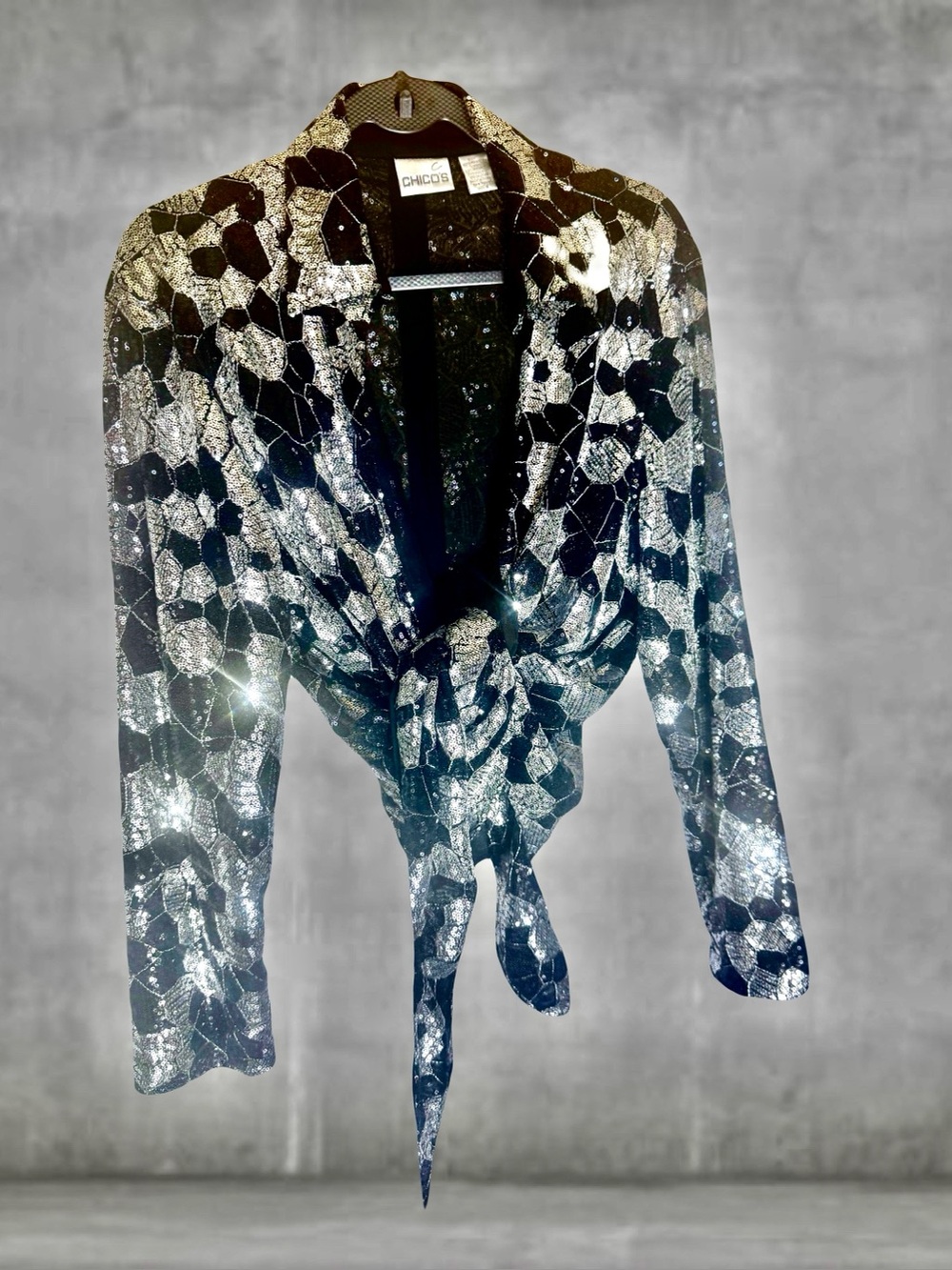 Chico's Black & Silver Sequin Tie-Front Blazer